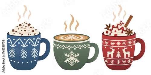 three festive mugs of hot chocolate, latte, and spiced drink for winter holidays, Christmas collection