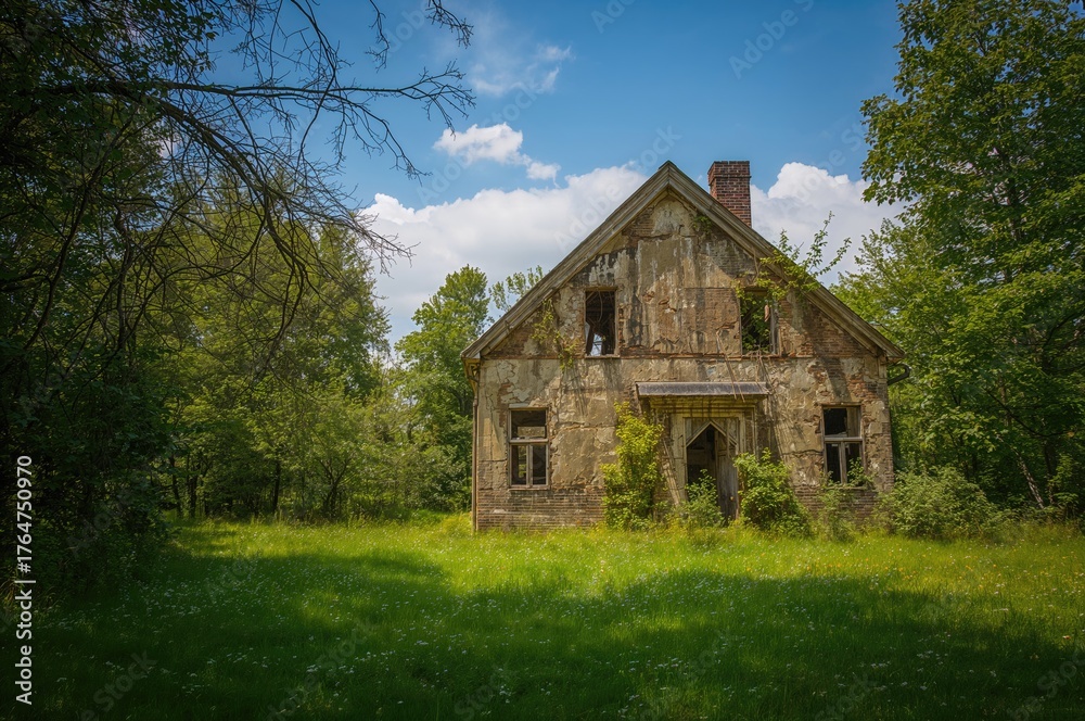 Obraz premium Picture of a deserted ancient dilapidated cottage surrounded by greenery under a clear summer sky