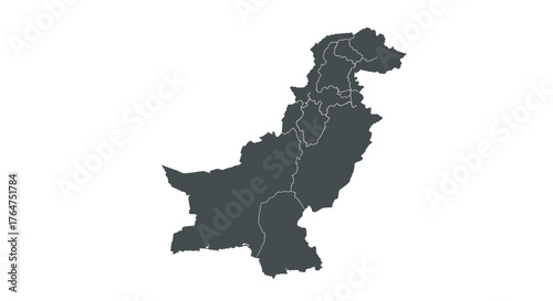 Dark gray silhouette map of pakistan with provincial borders on white background