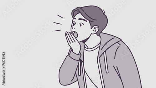 A young man in a hooded jacket shouts loudly, cupping his hand over his mouth to amplify his voice, depicted in a simple grayscale illustration.