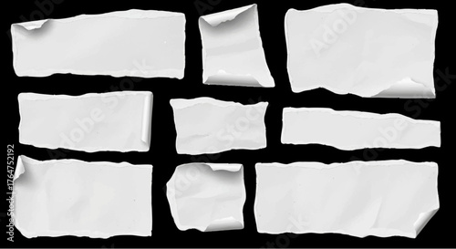 Realistic torn white paper pieces set with ripped edges, curled corners, isolated on transparent background