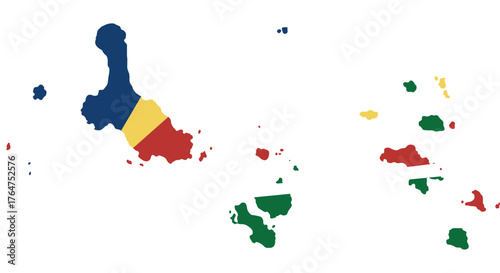 Simplified map of guadeloupe with flag colors of its regions on white background