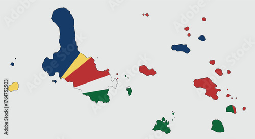 Seychelles map with national flag colors highlighting islands