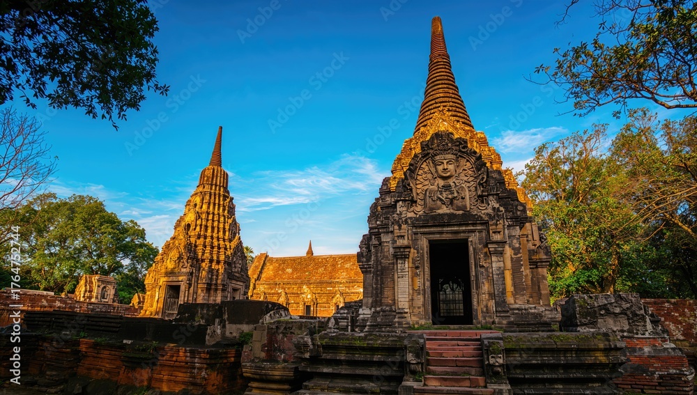 Fototapeta premium Ancient temple towers surrounded by trees in a tropical park