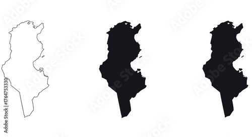 Tunisia map silhouettes: outline and filled designs in black and white