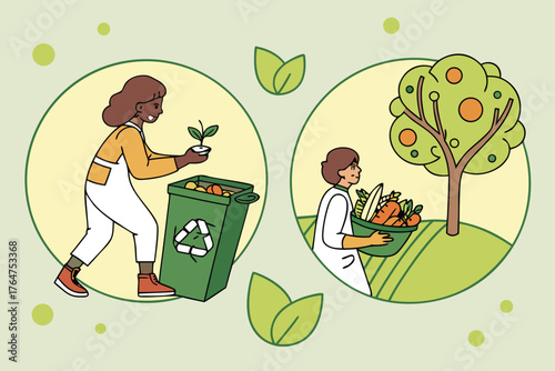 Vector art of two circular illustrations showing people engaging in sustainable practices, one composting and the other harvesting fresh produce from a garden