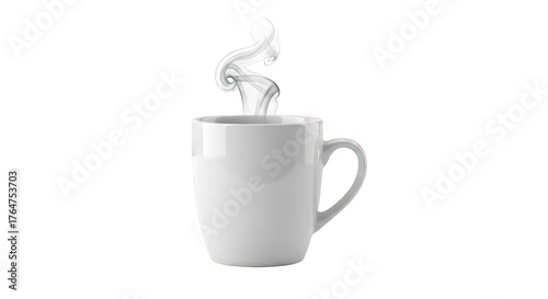 White mug with hot drink and steam on transparent background