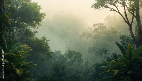 Fototapeta Naklejka Na Ścianę i Meble -  Fog-covered rainforest with tropical foliage background