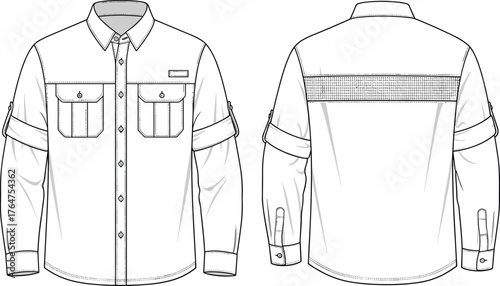 Long Sleeve Button-Up Shirt Technical Flat Sketch Front and Back View with Pockets, Collar, Tab Sleeves and Vent Panel