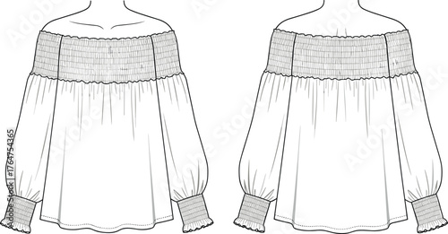 Off Shoulder Blouse Fashion Flat, Smocked Neckline, Voluminous Sleeves, Technical Sketch, Women's Apparel Design, Garment Construction Vector Illustration