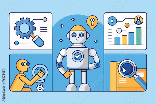 Vector art of robot automation and artificial intelligence concept with gears, charts, and magnifying glass for data analysis and process optimization
