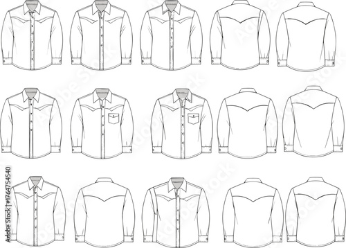 Technical fashion shirt sketches front and back view showing collar, pocket, yoke, placket, sleeve variations for garment design reference