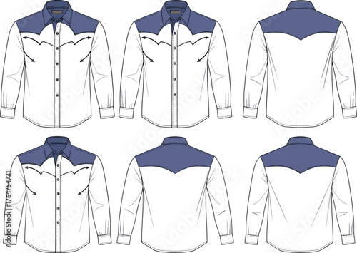 Western style shirt technical fashion illustration with front back side views, yoke detail, button closure, collar, pockets, garment design
