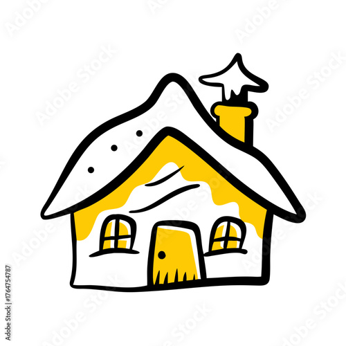 Hand-drawn yellow house with chimney and snow on the roof  