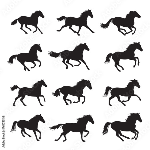 Collection of dynamic horse runner silhouettes in black and white isolated on white background