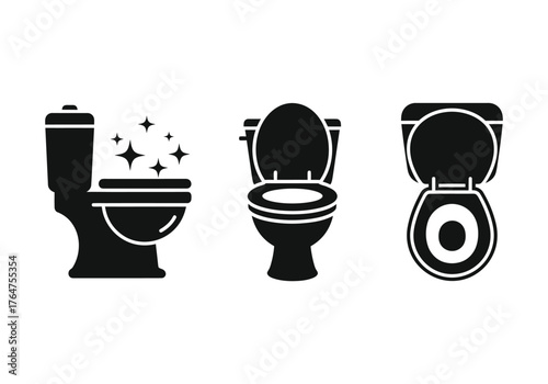 Clean toilet icons showing different views and a sparkling clean symbol