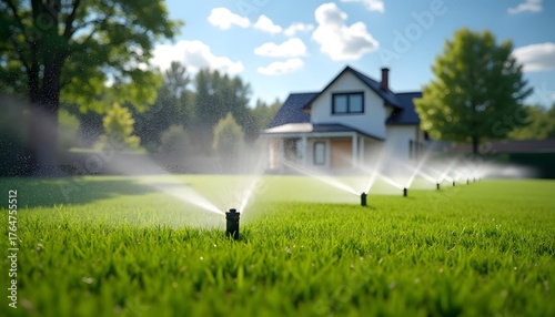 Automated lawn sprinkler system watering the lush green grass in front of a beautiful house on a sunny day, promoting healthy growth