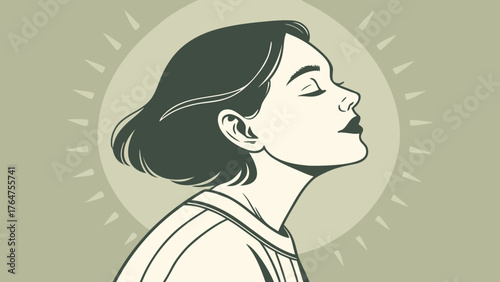 Profile illustration of a serene woman with closed eyes, basking in a halo of light.