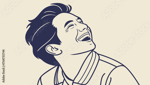 A man with dark hair is laughing heartily with his head tilted back.