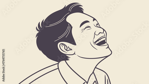 A vintage-style line art illustration of a man laughing joyfully with his head tilted back, expressing happiness and amusement.