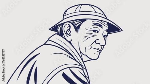 A hand-drawn illustration of an elderly Asian man wearing a hat and looking over his shoulder.
