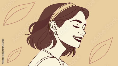 Illustration of a woman with a headband smiling with her eyes closed.