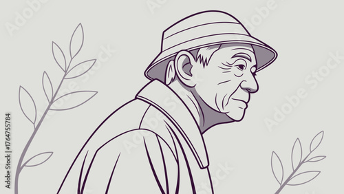 Profile portrait illustration of an elderly man wearing a bucket hat and coat, depicted in a clean line art style.