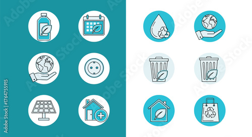 Vector illustration of set of circular icons with a teal border and, depicting ecofriendly symbols and sustainability concepts