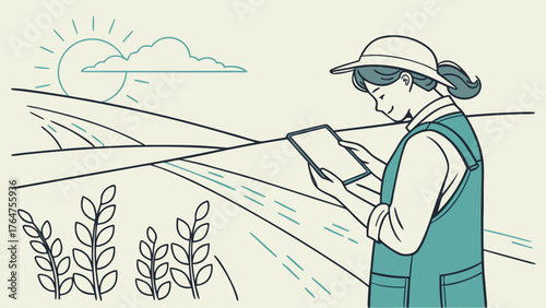 A farmer in overalls and a hat uses a tablet to monitor the fields on a sunny day.