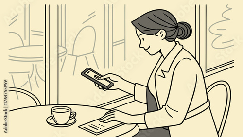 A woman in a cafe looks at her smartphone while sitting at a table with a coffee cup and a small card.