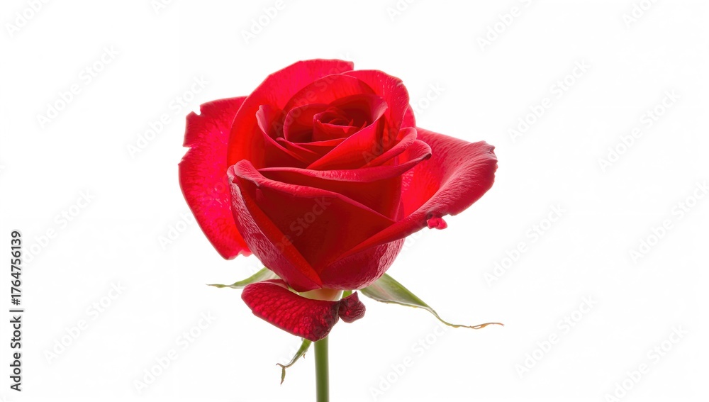Fototapeta premium Single crimson rose petals scattered on a white surface