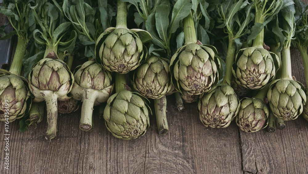 Obraz premium Freshly picked artichokes displayed on a vintage wooden surface, showcasing the charm of homegrown produce and the pleasure of traditional cooking