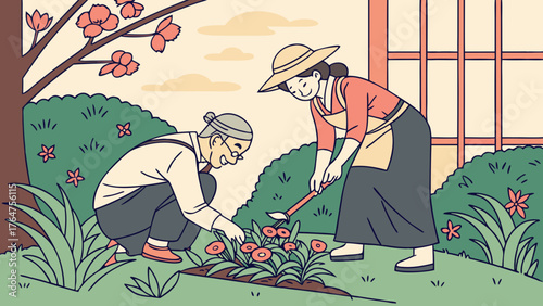 Two women tending to flowers in a garden, one kneeling, the other standing with a gardening tool.