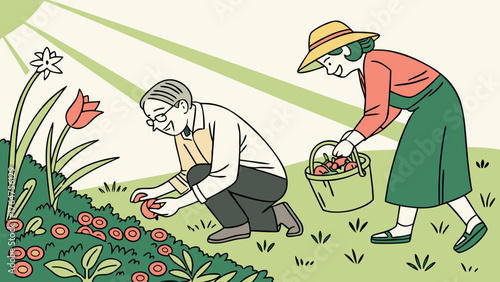 Illustration of a couple gardening together, picking tomatoes in a sunny garden.