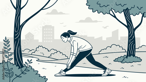 Illustration of a woman in athletic clothing stretching her leg on a path in a city park.