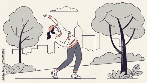 Illustration of a woman in sportswear doing a side bend stretch in a city park.