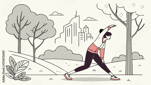 A woman performs a side lunge stretch in a park with a city skyline in the background.