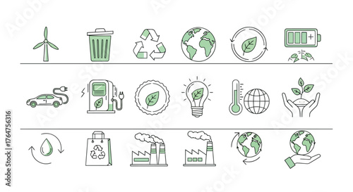 Vector illustration of collection of handdrawn icons in green and black, illustrating environmental themes like renewable energy, recycling, and conservation