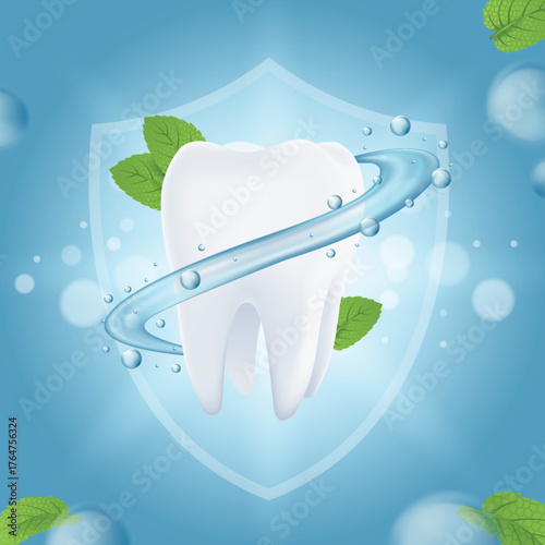 Realistic Vector illustration. Tooth Protection Shield with Mint Freshness and Liquid Action