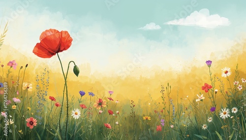 Vibrant poppy flourishing in the heart of summer  A natural scene for flower enthusiasts. Perfect for memorial and unity occasions.