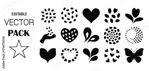 Black Vector Icons of Hearts, Dots, and Butterfly Keywords: heart, dot, pattern, butterfly, leaf