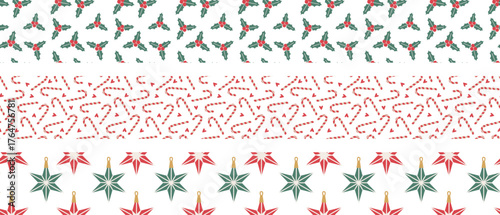 Set of christmas border patterns with festive elements - candy cane and hearts, christmas ornaments, winter holly berries. Simple minimal geometric seamless borders set.