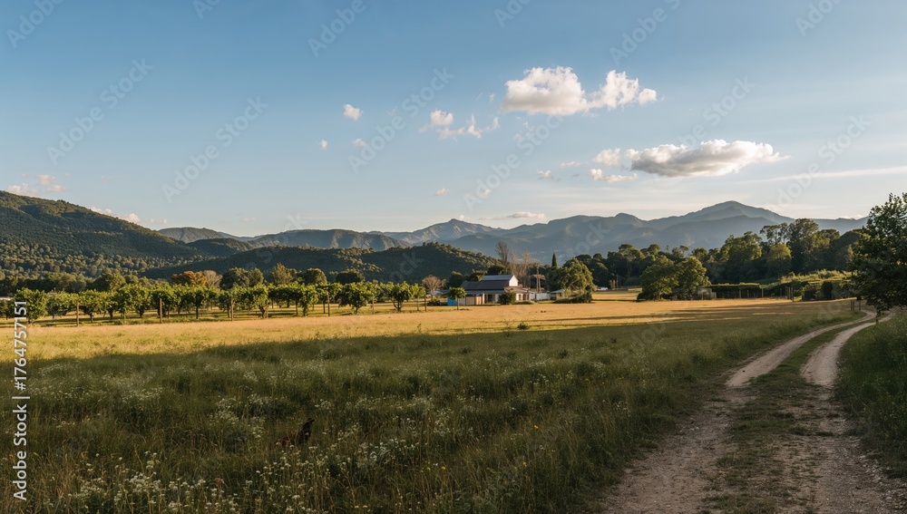 Fototapeta premium Hilly landscape with dense forest and farmland