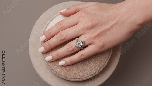 Overhead view of a gold and white gold diamond ring worn on a hand resting on a display stand