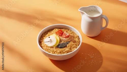 Children's morning oatmeal with fruit shaped like a shiny fish