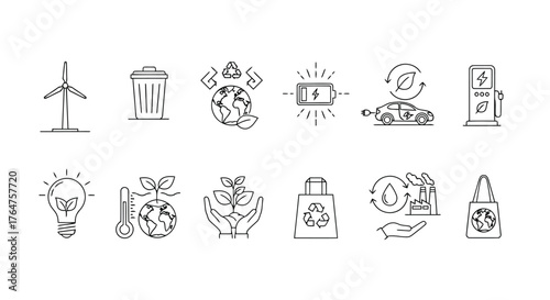 Vector illustration of collection of handdrawn eco icons for sustainability, including wind turbines, electric cars, and recycling symbols