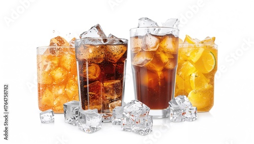 Chilled beverages in glasses with ice on a white background