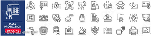 Data protection Web Icon Set in Line Style. vector illustration concept relate to protect, protection, design, key, icon, phone, computer, mobile, laptop, cyberspace