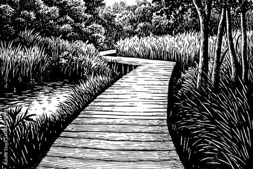 Beautiful wooden path sketch trail for nature trekking with lakes and waterfall landscape black and white
