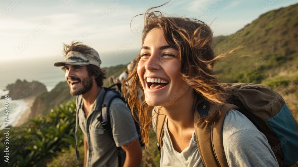 Obraz premium Group of happy friends and laughing, tourism, travel, people sharing good and positive mood, backpack camping hiking journey travel trek concept, with blurred background, Generative AI illustration